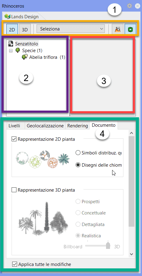 Pannello di modifica di Lands Design.