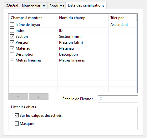 Onglet Liste des canalisations