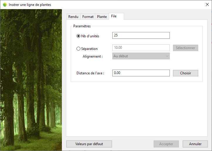 Boîte de dialogue d'insertion d'une File de plantes.