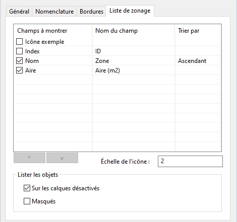 Onglet Liste de zonage