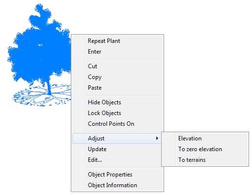 Context menu and options for a Plant object.