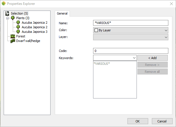 Properties dialog for different Lands Design elements