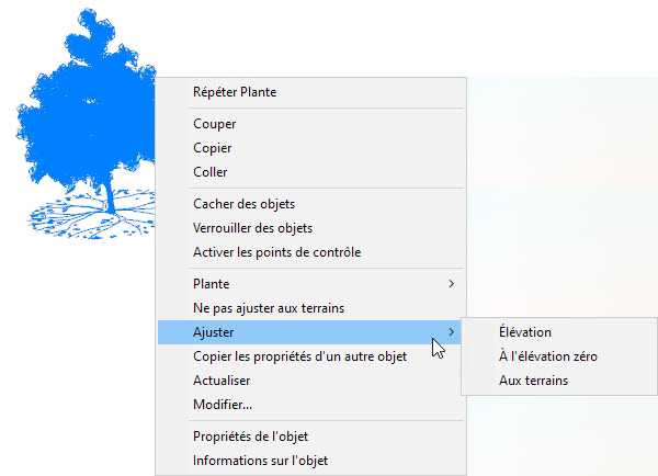 Menu contextuel de l'objet Plante avec ses options.