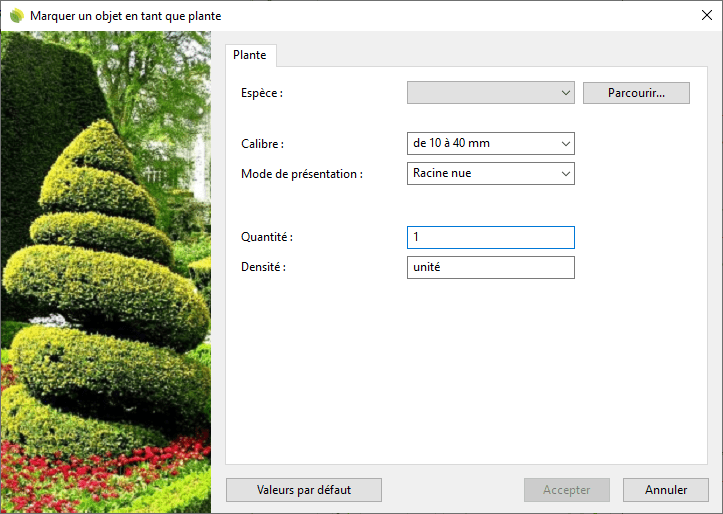 Boîte de dialogue Marquer un objet en tant que plante