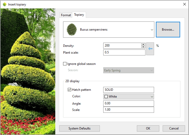 Insert dialog box for the Topiary