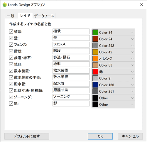 Lands Design オプションダイアログボックス＞レイヤタブ