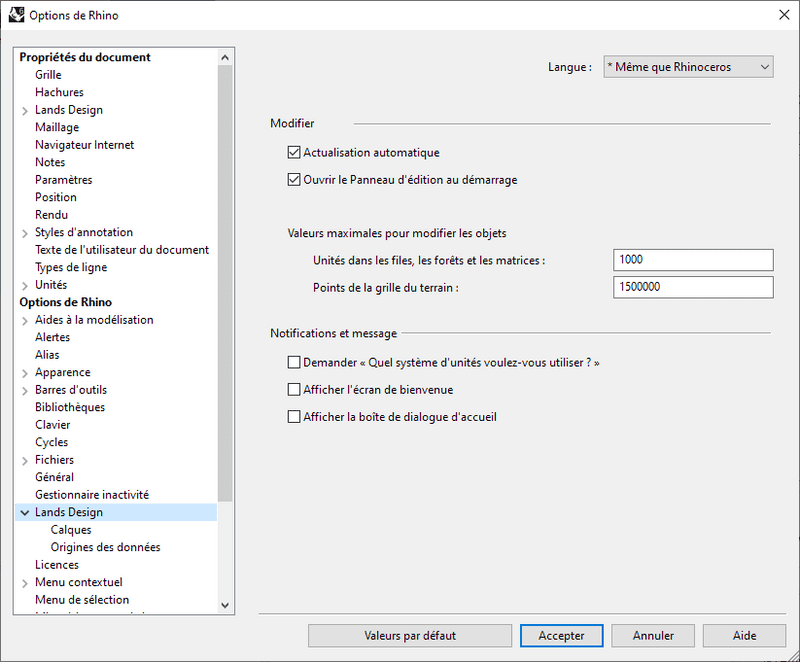 Options générales de Lands Design dans la boîte de dialogue Options de Rhino