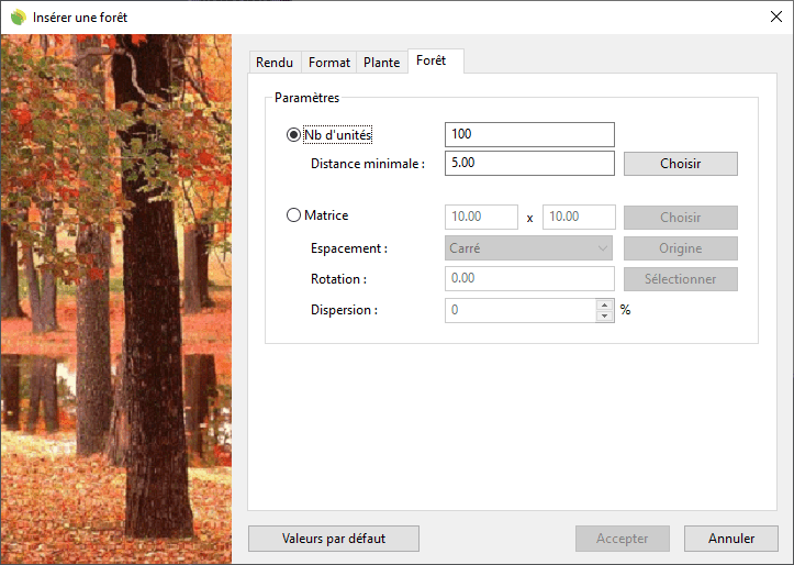 Boîte de dialogue d'insertion d'une Forêt