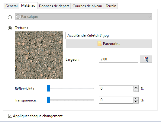 Onglet Matériau d'une subdivision de terrain dans le panneau d'édition