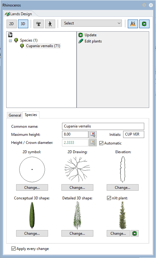 Edit Panel with the plant species features