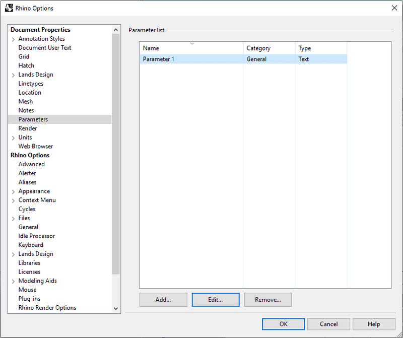 Parameters section in the Rhino Document Properties