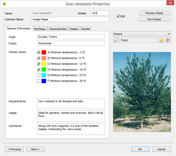 Plant species properties dialog box