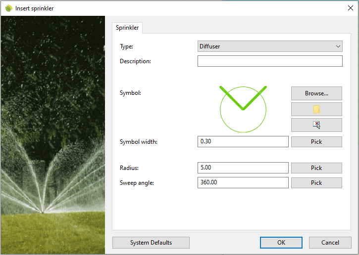 Insert dialog box for the Sprinkler object.