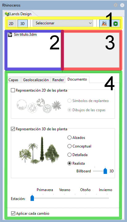 Panel de edición de Lands Design.