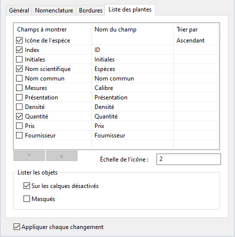 Onglet Liste des plantes