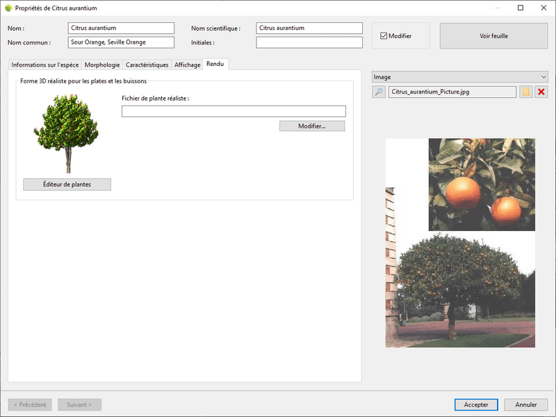 Boîte de dialogue des propriétés de l'espèce de plante
