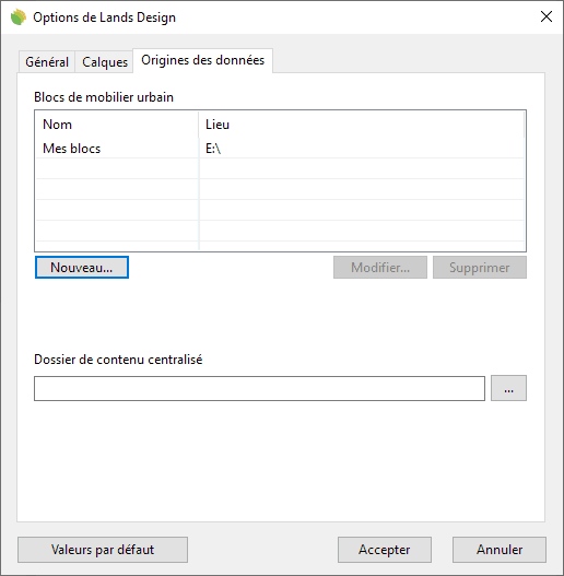 Boîte de dialogue Options de Lands Design, onglet Origine des données