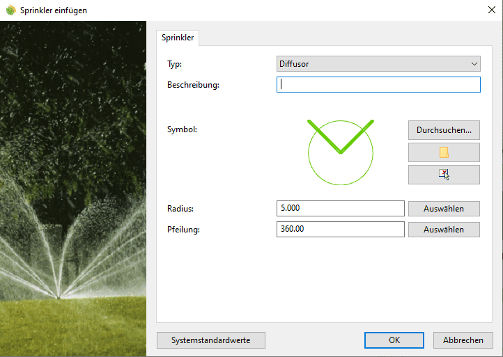 Einfügedialog für das Sprinklerobjekt.