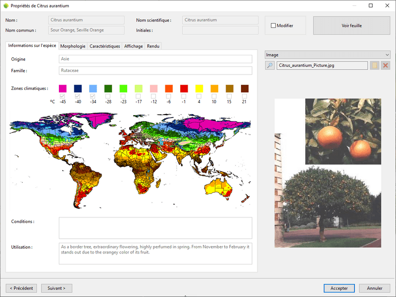 Boîte de dialogue des propriétés de l'espèce de plante
