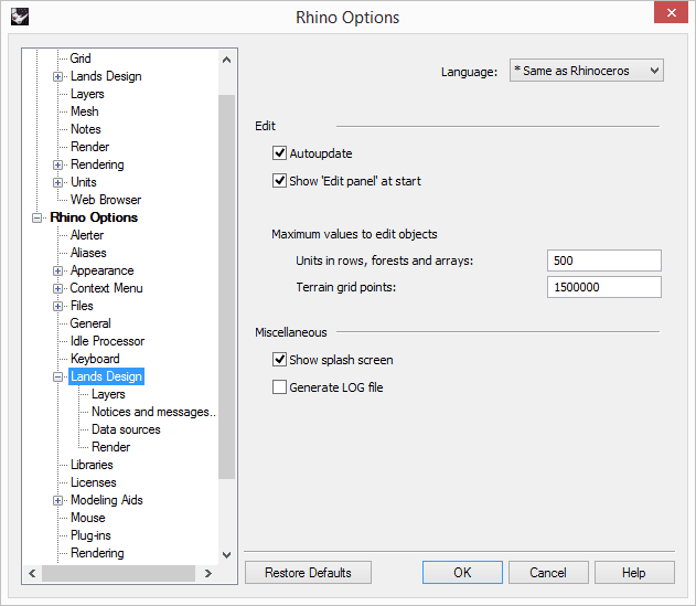 Lands Design General options in Rhino Options dialog