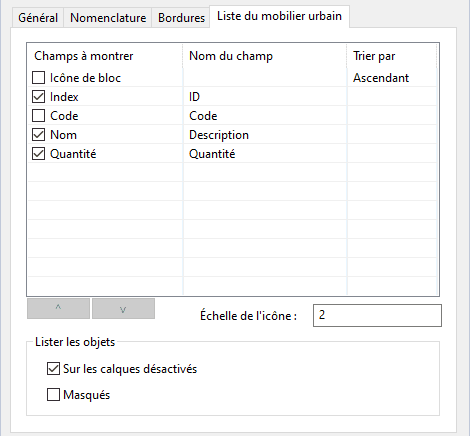 Onglet Liste du mobilier urbain