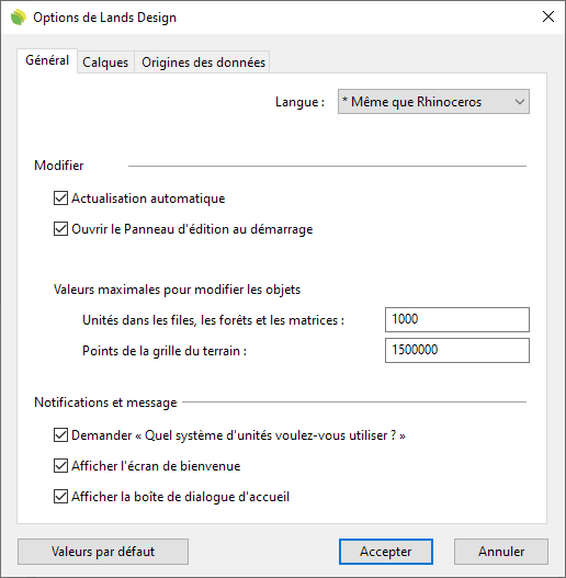 Options de Lands Design, onglet Général