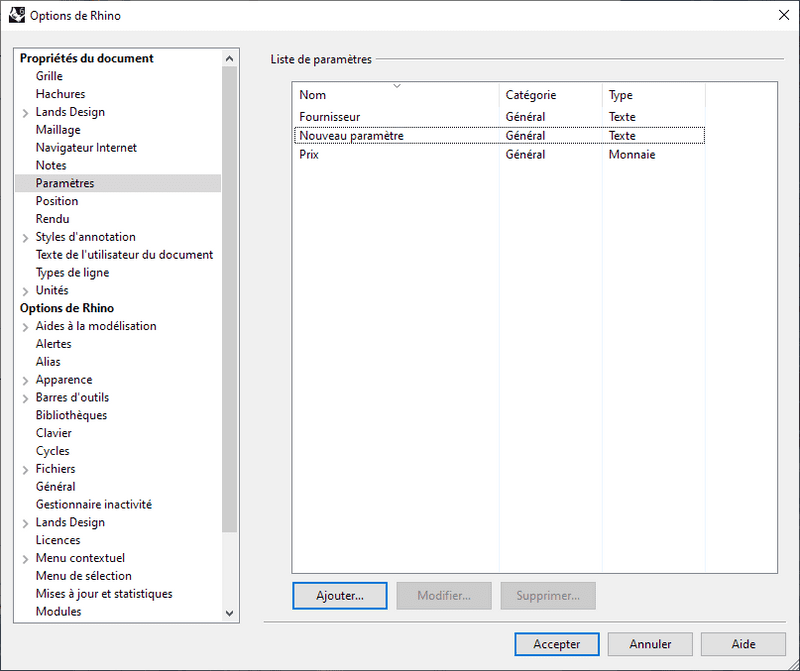 Section Paramètres des propriétés du document de Rhino