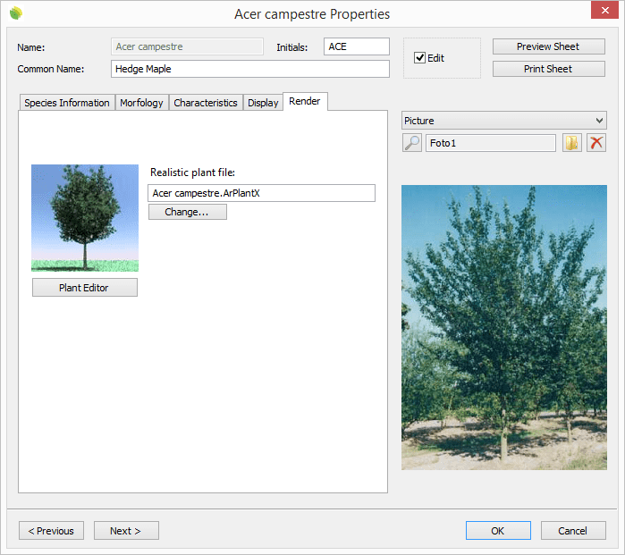 Plant species properties dialog box