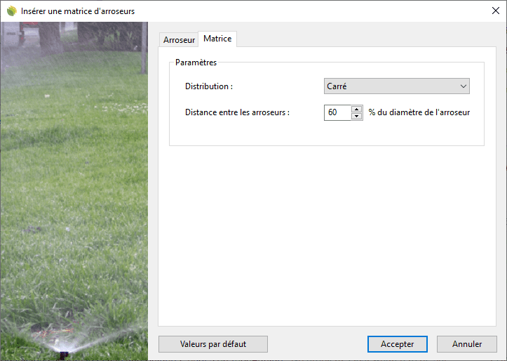 Boîte de dialogue d'insertion d'une matrice d'arroseurs.