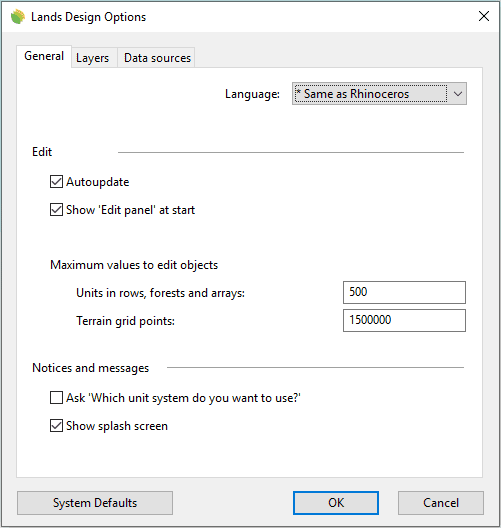Lands Design Options dialog box, General tab