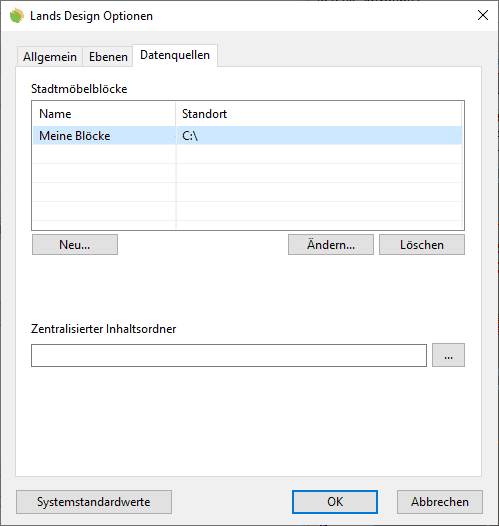 Optionen-Dialogfenster von Lands Design, Reiter Datenquellen