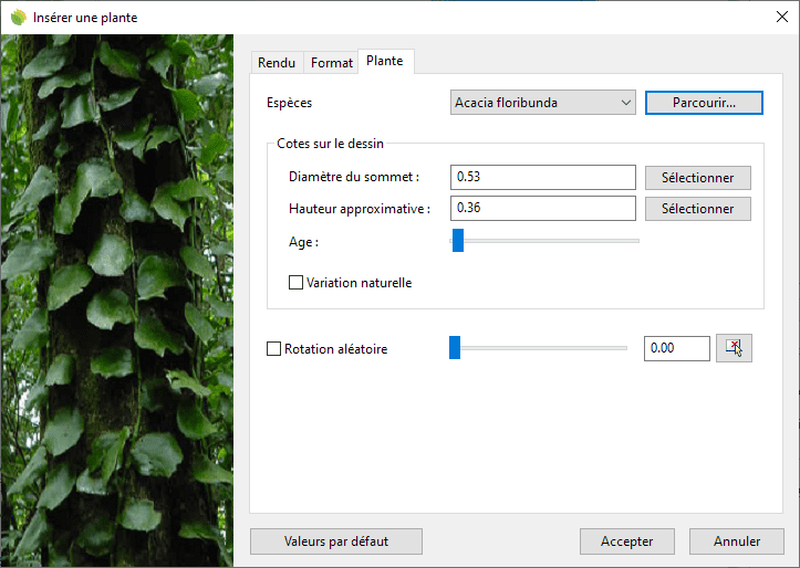 Boîte de dialogue d'insertion d'une Plante