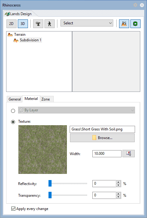 Material tab for the terrain subdivision, in the Edit panel