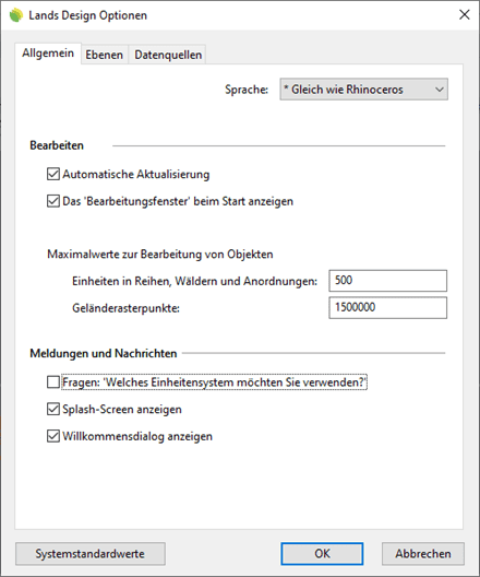 Optionen-Dialogfenster von Lands Design, Reiter Allgemein
