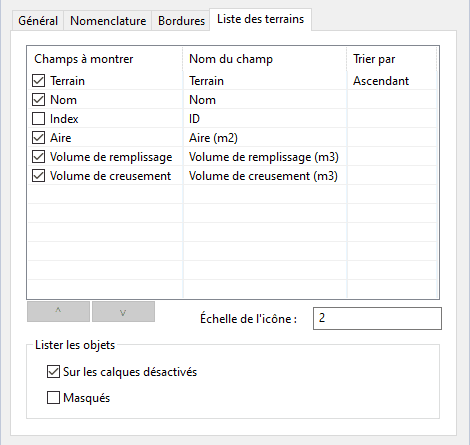 Onglet Liste des terrains